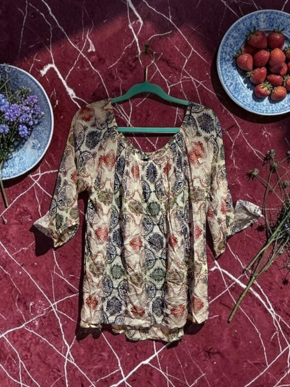 Women's Boho Scoop Neck Blouse - Cream Multi